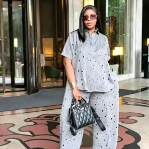 Women Pant Set Two Piece Sets Turn Down Collar Short Sleeve Shirt Striped Wide Leg Long Pants High Waist Y2k Streetwear Elegant - Image 4