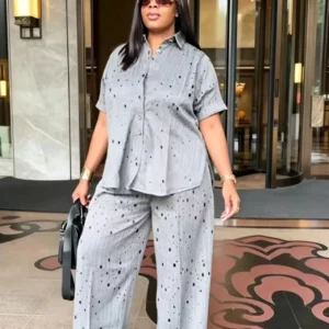 Women Pant Set Two Piece Sets Turn Down Collar Short Sleeve Shirt Striped Wide Leg Long Pants High Waist Y2k Streetwear Elegant - Image 3