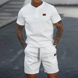 Men Knit Jacquard Henley 2 Piece Set Short Sleeve Drawstring Waist Breathable Lightweight Summer Daily Sport Travel Tracksuit - Image 3