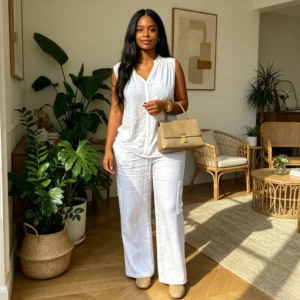 Women Pant Set Two Piece Sets V Neck Sleeveless Shirt Solid Wide Leg Long Pants Elastic Waist Y2k Streetwear Work Casula Spring - Image 2