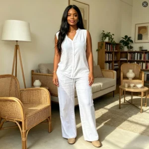 Women Pant Set Two Piece Sets V Neck Sleeveless Shirt Solid Wide Leg Long Pants Elastic Waist Y2k Streetwear Work Casula Spring - Image 3