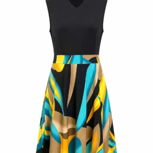 Elegant Plus Size Women Sleeveless Split Neck Color Block A Line Swing Casual Workwear Dress - Image 3
