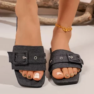 Denim Buckle Strap Womens Slippers Simple Fashionable Flat Sandals Female Slides Retro Square Toe Casual Beach Shoes Big Size 43 - Image 7