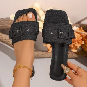 Denim Buckle Strap Womens Slippers Simple Fashionable Flat Sandals Female Slides Retro Square Toe Casual Beach Shoes Big Size 43 - Image 4