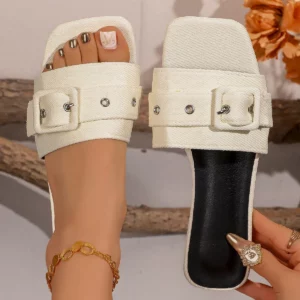 Denim Buckle Strap Womens Slippers Simple Fashionable Flat Sandals Female Slides Retro Square Toe Casual Beach Shoes Big Size 43 - Image 3