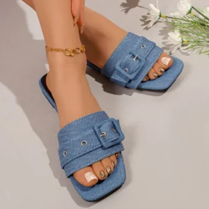 Denim Buckle Strap Womens Slippers Simple Fashionable Flat Sandals Female Slides Retro Square Toe Casual Beach Shoes Big Size 43 - Image 9