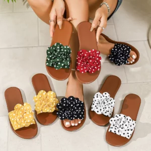 Women's Polka Dot Slip-On Flat Sandals with Bow Decor Soft Sole Comfortable Non-Tiring Home Slippers - Image 1