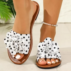 Women's Polka Dot Slip-On Flat Sandals with Bow Decor Soft Sole Comfortable Non-Tiring Home Slippers - Image 2