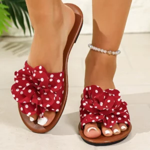 Women's Polka Dot Slip-On Flat Sandals with Bow Decor Soft Sole Comfortable Non-Tiring Home Slippers - Image 3