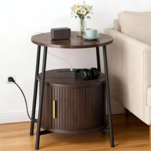 DHH Round End Tables with Charging Station, Fluted Accent Side Table with Sliding Door, Mid-Century Modern Nightstand for Small Space Storage, Living Room, Bedroom,Sofa Couch(1, Dark Walnut) - Image 2
