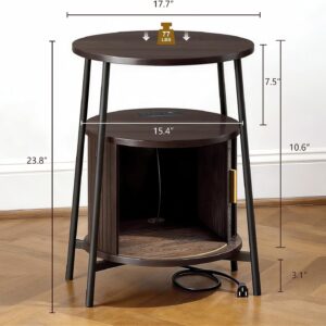 DHH Round End Tables with Charging Station, Fluted Accent Side Table with Sliding Door, Mid-Century Modern Nightstand for Small Space Storage, Living Room, Bedroom,Sofa Couch(1, Dark Walnut) - Image 3