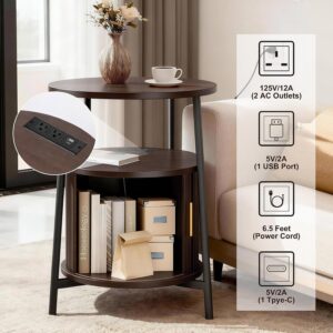 DHH Round End Tables with Charging Station, Fluted Accent Side Table with Sliding Door, Mid-Century Modern Nightstand for Small Space Storage, Living Room, Bedroom,Sofa Couch(1, Dark Walnut) - Image 4