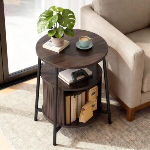 DHH Round End Tables with Charging Station, Fluted Accent Side Table with Sliding Door, Mid-Century Modern Nightstand for Small Space Storage, Living Room, Bedroom,Sofa Couch(1, Dark Walnut) - Image 5