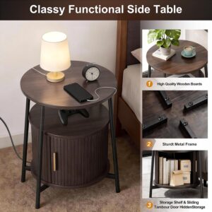DHH Round End Tables with Charging Station, Fluted Accent Side Table with Sliding Door, Mid-Century Modern Nightstand for Small Space Storage, Living Room, Bedroom,Sofa Couch(1, Dark Walnut) - Image 6