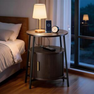 DHH Round End Tables with Charging Station, Fluted Accent Side Table with Sliding Door, Mid-Century Modern Nightstand for Small Space Storage, Living Room, Bedroom,Sofa Couch(1, Dark Walnut) - Image 7