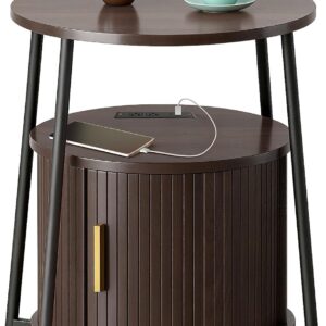 DHH Round End Tables with Charging Station, Fluted Accent Side Table with Sliding Door, Mid-Century Modern Nightstand for Small Space Storage, Living Room, Bedroom,Sofa Couch(1, Dark Walnut) - Image 8