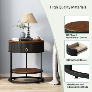 Round End Table with Drawer, Wood Grain Bedside Table, Brown and Black | 2-Tier Nightstand with Drawer, Side Table, Shelf, MDF Board, PVC, Metal Frame, Living Room, Bedroom, office - Image 2
