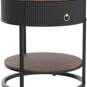 Round End Table with Drawer, Wood Grain Bedside Table, Brown and Black | 2-Tier Nightstand with Drawer, Side Table, Shelf, MDF Board, PVC, Metal Frame, Living Room, Bedroom, office - Image 3