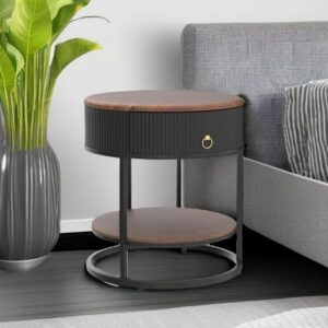 Round End Table with Drawer, Wood Grain Bedside Table, Brown and Black | 2-Tier Nightstand with Drawer, Side Table, Shelf, MDF Board, PVC, Metal Frame, Living Room, Bedroom, office - Image 4