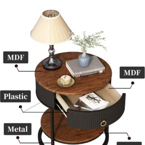 Round End Table with Drawer, Wood Grain Bedside Table, Brown and Black | 2-Tier Nightstand with Drawer, Side Table, Shelf, MDF Board, PVC, Metal Frame, Living Room, Bedroom, office - Image 5