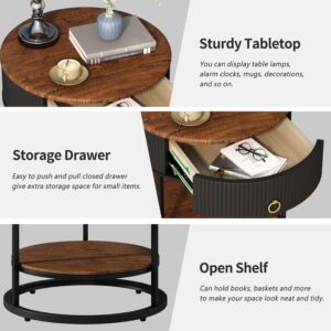 Round End Table with Drawer, Wood Grain Bedside Table, Brown and Black | 2-Tier Nightstand with Drawer, Side Table, Shelf, MDF Board, PVC, Metal Frame, Living Room, Bedroom, office - Image 6