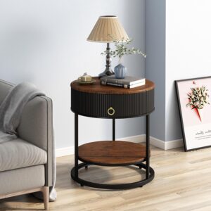 Round End Table with Drawer, Wood Grain Bedside Table, Brown and Black | 2-Tier Nightstand with Drawer, Side Table, Shelf, MDF Board, PVC, Metal Frame, Living Room, Bedroom, office - Image 7