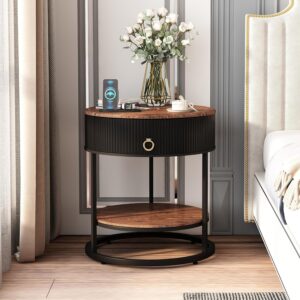 Round End Table with Drawer, Wood Grain Bedside Table, Brown and Black | 2-Tier Nightstand with Drawer, Side Table, Shelf, MDF Board, PVC, Metal Frame, Living Room, Bedroom, office - Image 8