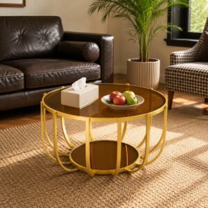 Saint Mossi 30" Glass Round Coffee Table for Living Room, Mid Century Modern 2-Tier Gold Drum Center Table, Brown Glass Top, Glass Shelf with Gold Finish Legs & Frame, W30xH16.5 - Image 1