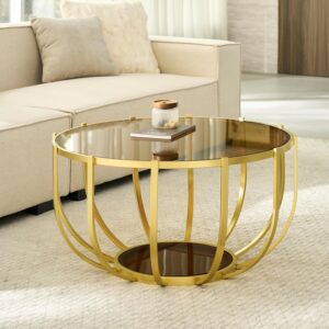 Saint Mossi 30" Glass Round Coffee Table for Living Room, Mid Century Modern 2-Tier Gold Drum Center Table, Brown Glass Top, Glass Shelf with Gold Finish Legs & Frame, W30xH16.5 - Image 3