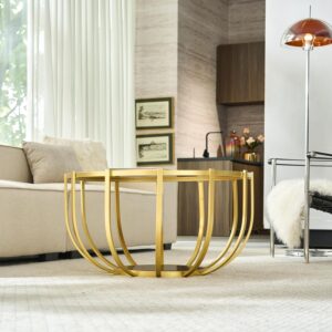 Saint Mossi 30" Glass Round Coffee Table for Living Room, Mid Century Modern 2-Tier Gold Drum Center Table, Brown Glass Top, Glass Shelf with Gold Finish Legs & Frame, W30xH16.5 - Image 4
