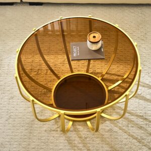 Saint Mossi 30" Glass Round Coffee Table for Living Room, Mid Century Modern 2-Tier Gold Drum Center Table, Brown Glass Top, Glass Shelf with Gold Finish Legs & Frame, W30xH16.5 - Image 5