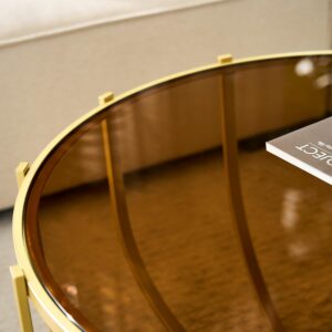 Saint Mossi 30" Glass Round Coffee Table for Living Room, Mid Century Modern 2-Tier Gold Drum Center Table, Brown Glass Top, Glass Shelf with Gold Finish Legs & Frame, W30xH16.5 - Image 6