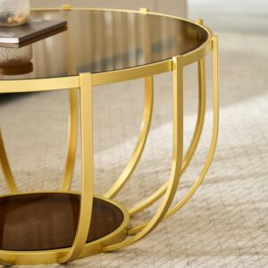 Saint Mossi 30" Glass Round Coffee Table for Living Room, Mid Century Modern 2-Tier Gold Drum Center Table, Brown Glass Top, Glass Shelf with Gold Finish Legs & Frame, W30xH16.5 - Image 8