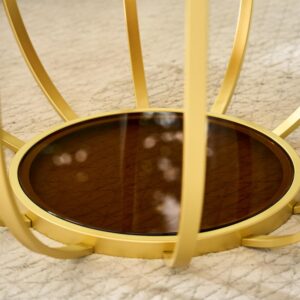Saint Mossi 30" Glass Round Coffee Table for Living Room, Mid Century Modern 2-Tier Gold Drum Center Table, Brown Glass Top, Glass Shelf with Gold Finish Legs & Frame, W30xH16.5 - Image 9