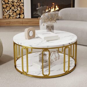Round Coffee Table, Wooden Marble Pattern Coffee Table with Round Open Storage, Solid Golden Metal Legs for Living Room, White - Image 1