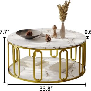 Round Coffee Table, Wooden Marble Pattern Coffee Table with Round Open Storage, Solid Golden Metal Legs for Living Room, White - Image 2