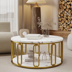 Round Coffee Table, Wooden Marble Pattern Coffee Table with Round Open Storage, Solid Golden Metal Legs for Living Room, White - Image 3
