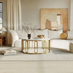 Round Coffee Table, Wooden Marble Pattern Coffee Table with Round Open Storage, Solid Golden Metal Legs for Living Room, White - Image 4