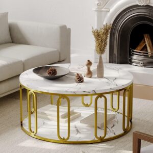 Round Coffee Table, Wooden Marble Pattern Coffee Table with Round Open Storage, Solid Golden Metal Legs for Living Room, White - Image 5