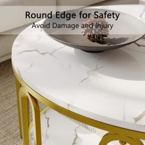 Round Coffee Table, Wooden Marble Pattern Coffee Table with Round Open Storage, Solid Golden Metal Legs for Living Room, White - Image 6
