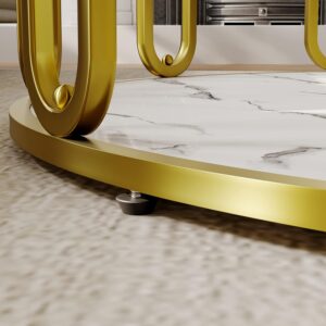 Round Coffee Table, Wooden Marble Pattern Coffee Table with Round Open Storage, Solid Golden Metal Legs for Living Room, White - Image 8