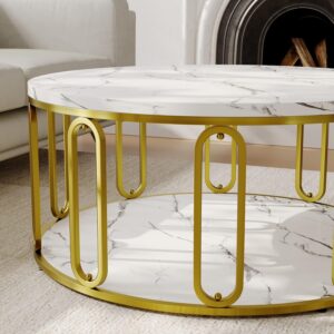 Round Coffee Table, Wooden Marble Pattern Coffee Table with Round Open Storage, Solid Golden Metal Legs for Living Room, White - Image 9