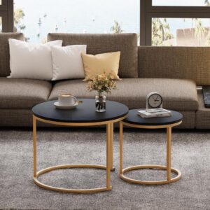 Nesting Coffee Table, 23.6" Round Coffee Table Set of 2, Wooden Nesting Table Set with Metal Frame, Side Tables for Living Room Bedroom Balcony, Black - Image 2