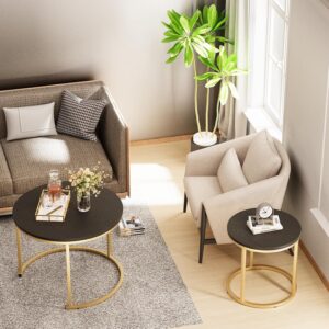 Nesting Coffee Table, 23.6" Round Coffee Table Set of 2, Wooden Nesting Table Set with Metal Frame, Side Tables for Living Room Bedroom Balcony, Black - Image 3