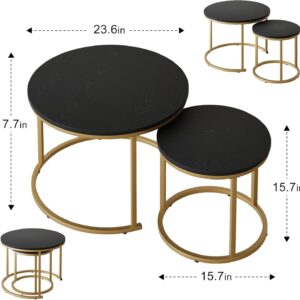Nesting Coffee Table, 23.6" Round Coffee Table Set of 2, Wooden Nesting Table Set with Metal Frame, Side Tables for Living Room Bedroom Balcony, Black - Image 4