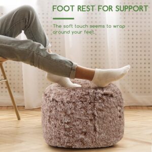 HIGOGOGO Round Stuffed Pouf Ottoman, Long Faux Fur Poufs with Foam Chunk Filling, Fluffy and Furry Pouf Foot Stool Storage Ottoman, 20 X 15 Floor Poufs Foot Rest for Living Room, Snow Coffee - Image 3