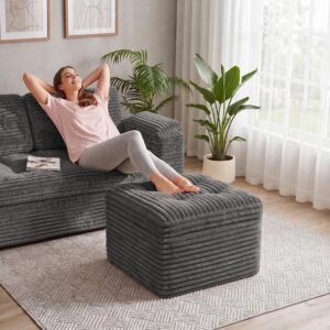 23.6in Pouf Ottoman, Corduroy Ottoman Foot Rest with Dual‑Layer Support, Large Poofy Pouf with Soft Chunk‑Foam Top & Firm Foam Base, Floor Foot Stool for Living Room, Dark Grey - Image 6