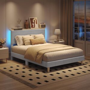 Bestier Bed Frame Queen Size with Adjustable Headboard & LED, Light Grey | Upholstered Platform, Storage Headboard Shelf, RGB LED USB Remote, Wood Slat Support, No Box Spring, Anti-Squeak, Easy Setup - Image 6