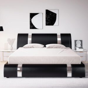 Allewie Queen Bed Frame with Iron Piece Decor, Faux Leather Upholstered Platform Bed with Adjustable Headboard & Strong Wooden Slats, No Box Spring Needed, Black - Image 3