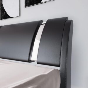 Allewie Queen Bed Frame with Iron Piece Decor, Faux Leather Upholstered Platform Bed with Adjustable Headboard & Strong Wooden Slats, No Box Spring Needed, Black - Image 4